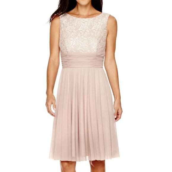 Jessica Howard Evenings Chiffon & Lace Buf Beige Dress,‎ size 8,  NEW - Picture 1 of 9